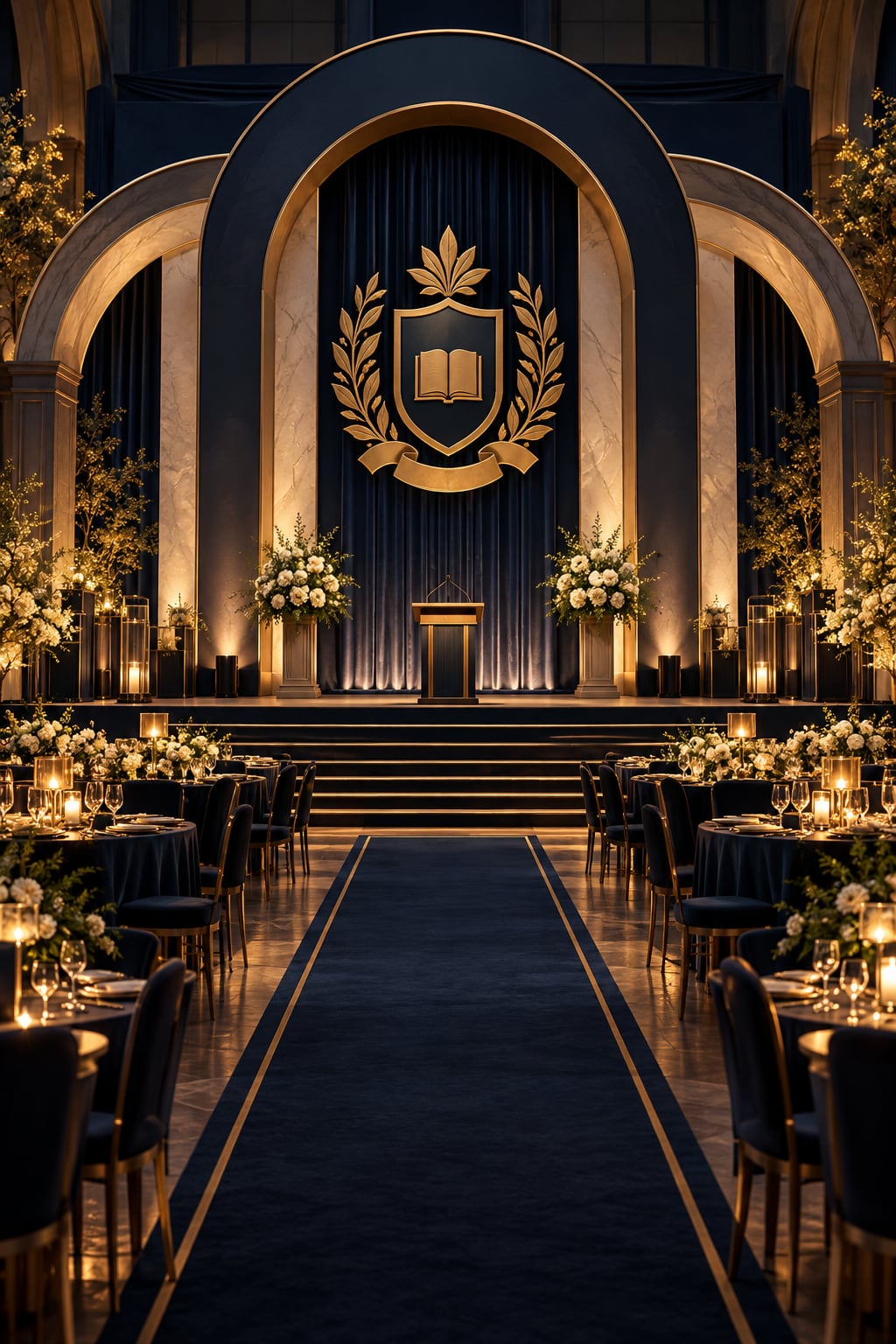 Escenario azul marino y oro preparado para una ceremonia de graduación