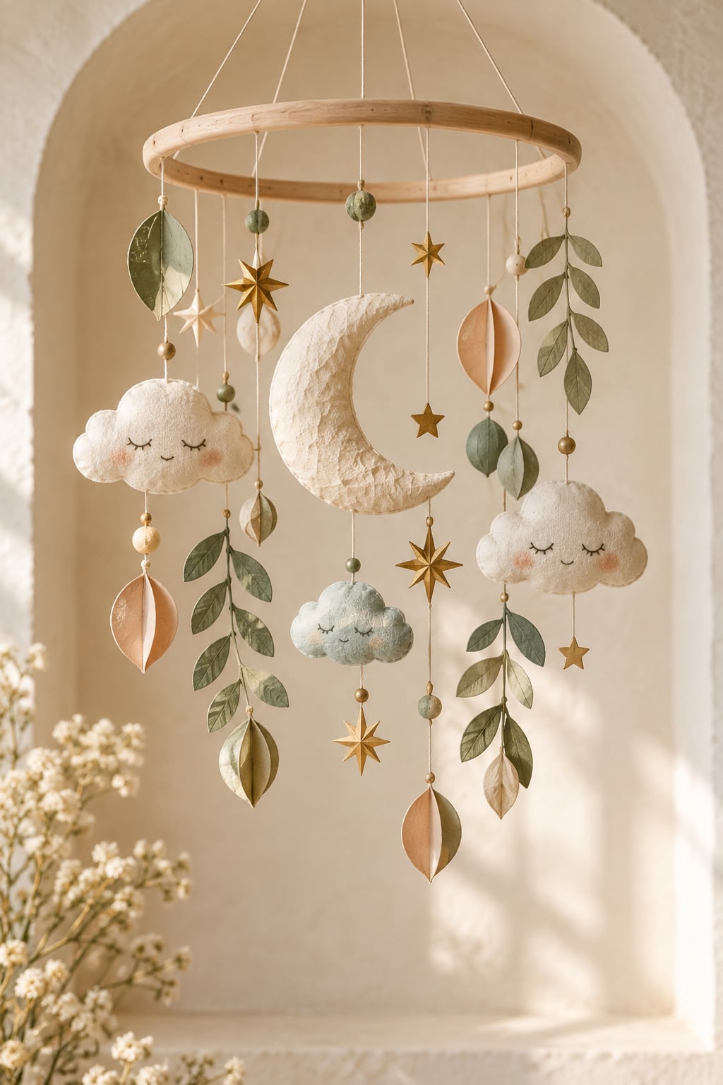 Móvil artesanal de luna, nubes y estrellas para baby shower